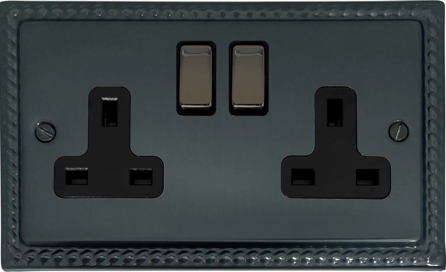 Georgian Black Bronze 2 Gang Socket (Black Nickel Switches)