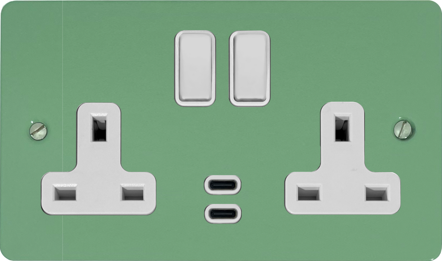 Flat Sage Green 2 Gang Socket with USBC (White Switches)