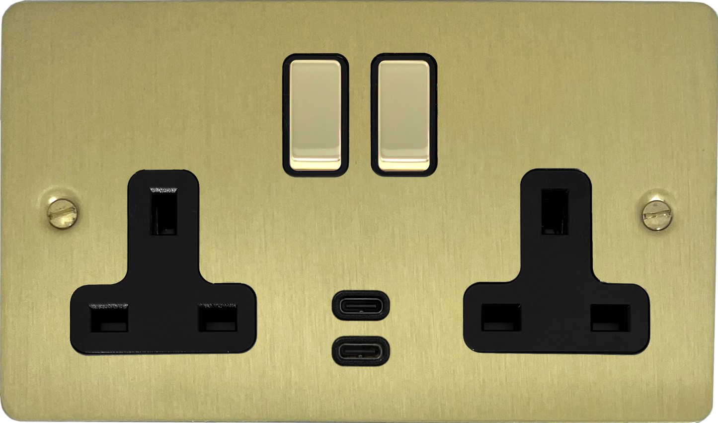 Flat Satin Brass 2 Gang Socket C/W USBC Ports