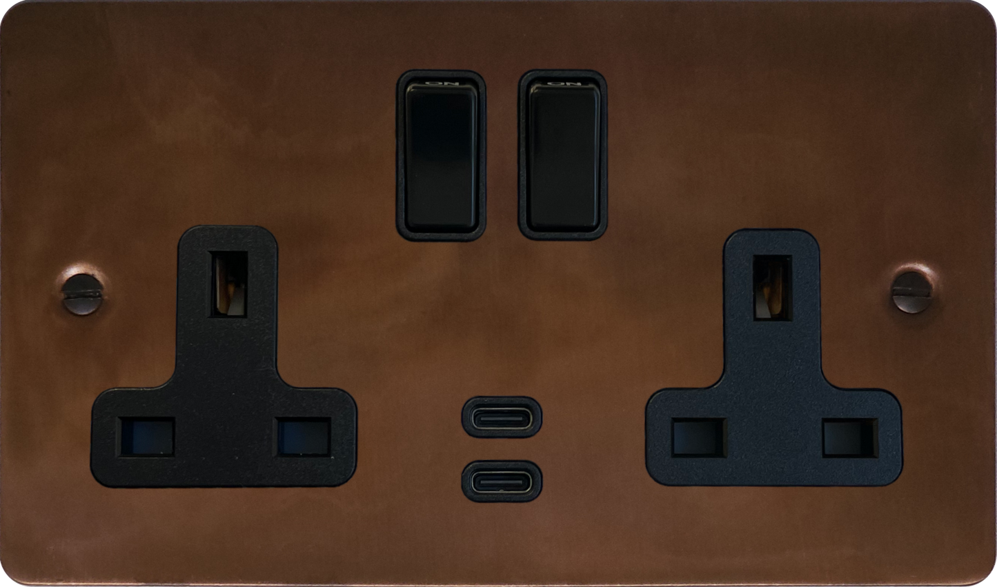 Flat Tarnished Copper 2 Gang Socket with USBC