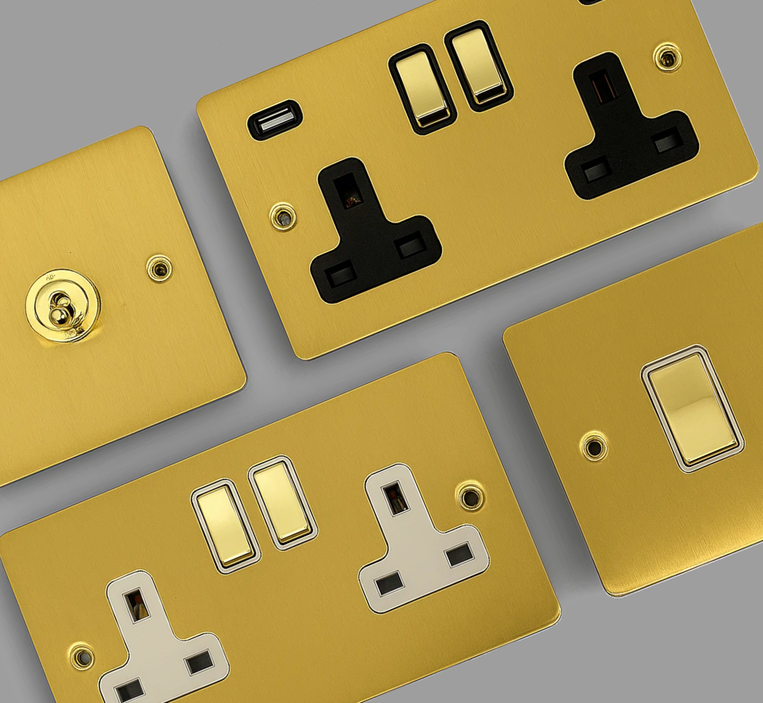 Flat Satin Brass Sockets and Switches