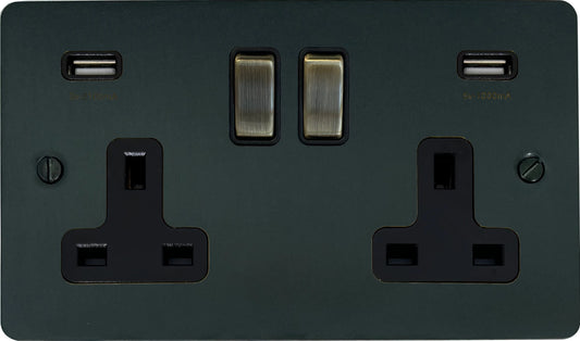 Flat Black Bronze 2 Gang Socket C/W USB - Flat range electrical USB socket