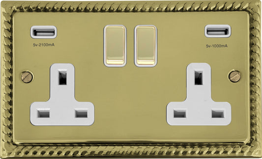 Georgian Polished Brass 2 Gang Socket C/W Usb Ports (White Insert) - Georgian range electrical socket