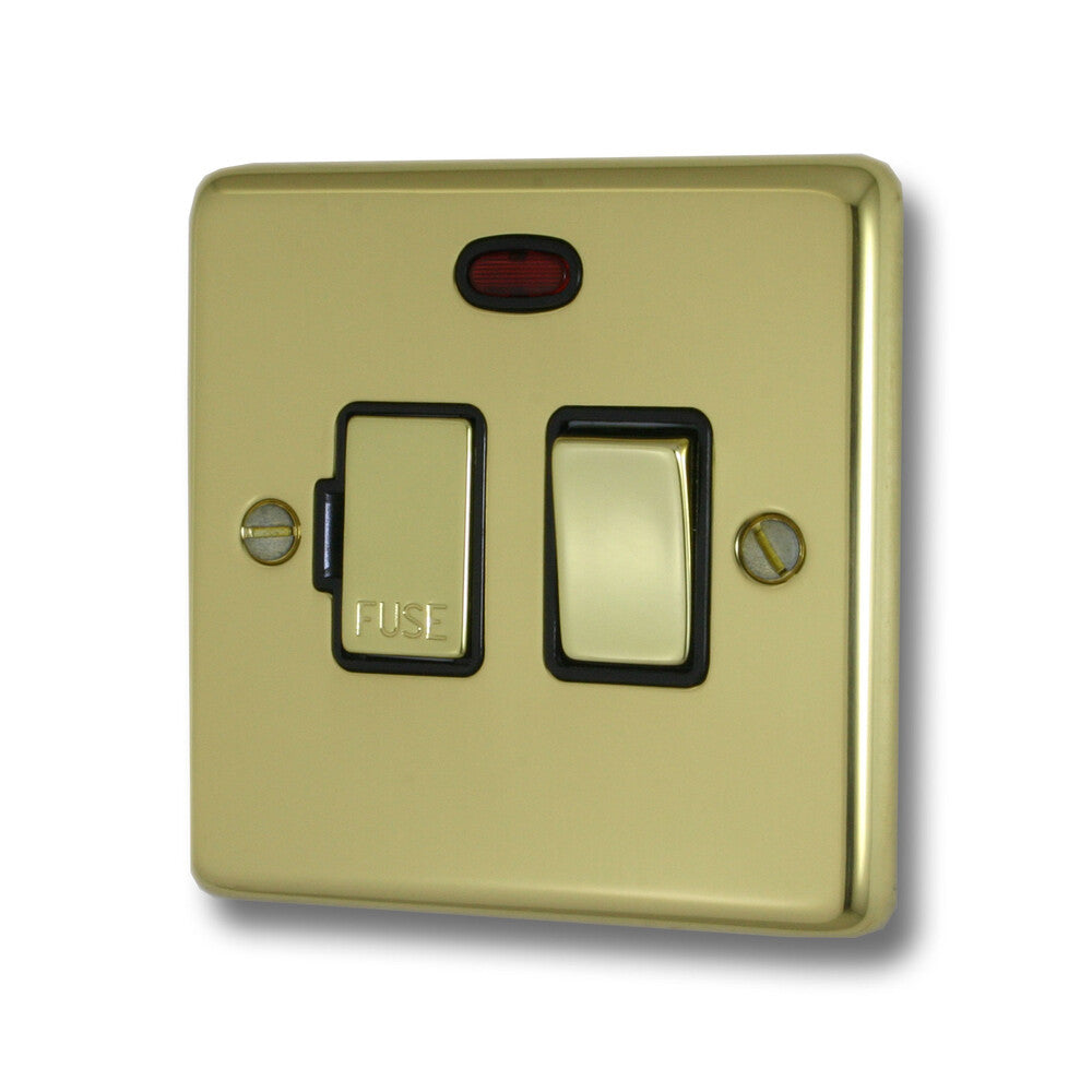 Contour Polished Brass Switched Fuse Spur with Neon (Black Insert/ Brass Switch)