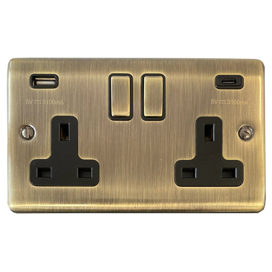 Basics Antique Brass 2 Gang Socket with USBC