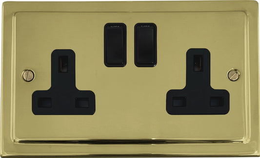 Victorian Unlacquered Brass 2 Gang Socket (Black Plastic) - Victorian Cast range electrical socket