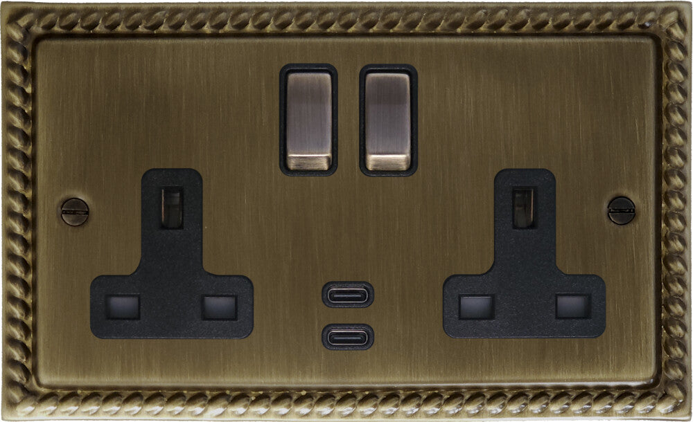 Georgian Antique Brass 2 Gang USBC Socket (Brass Switches)