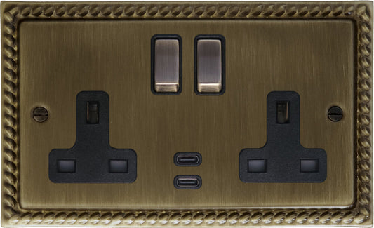 Georgian Antique Brass 2 Gang USBC Socket (Brass Switches)