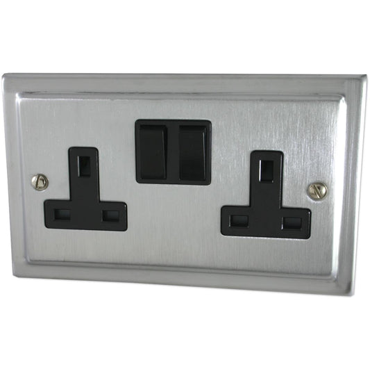 Victorian Satin Chrome 2 Gang Socket (Black Plastic)