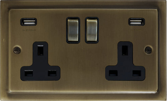 Victorian Antique Brass 2 Gang USB Socket (Brass Switches)