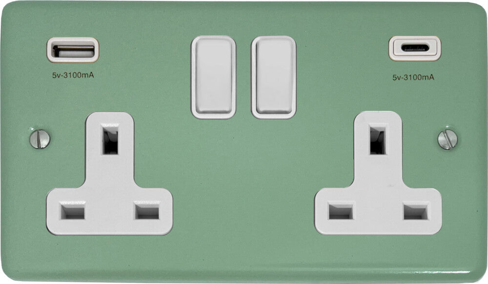 Classic Sage Green 2 Gang Socket with USBC (White Switches)