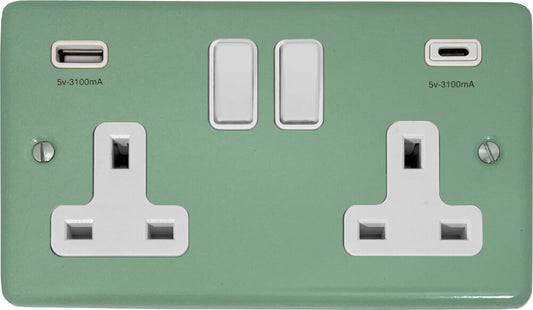 Classic Sage Green 2 Gang Socket with USBC (White Switches)