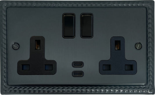 Georgian Black Bronze 2 Gang Socket with USBC (Black Switches)
