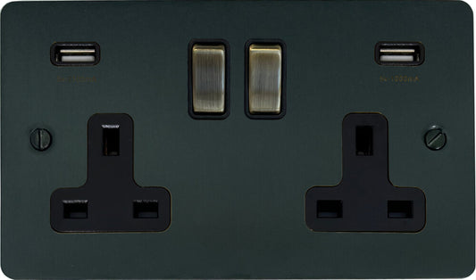 Flat Black Bronze 2 Gang Socket C/W USB