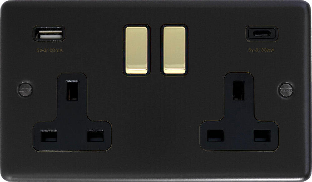 Contour Flat Black 2 Gang USBC Socket (Brass Switches)