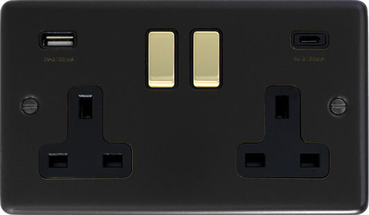 Contour Flat Black 2 Gang USBC Socket (Brass Switches)