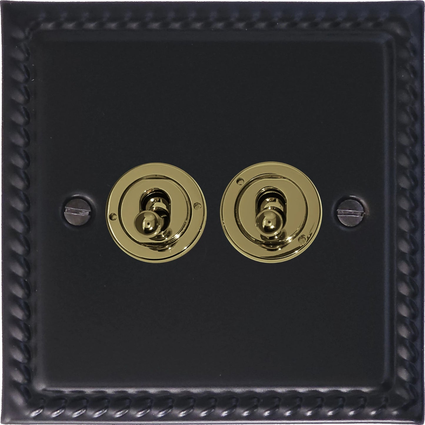 Georgian Flat Black 2 Gang Toggle Switch (Brass Toggles)