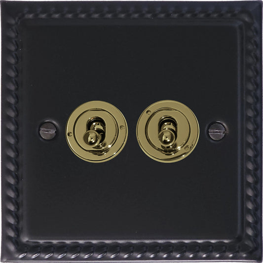 Georgian Flat Black 2 Gang Toggle Switch (Brass Toggles)