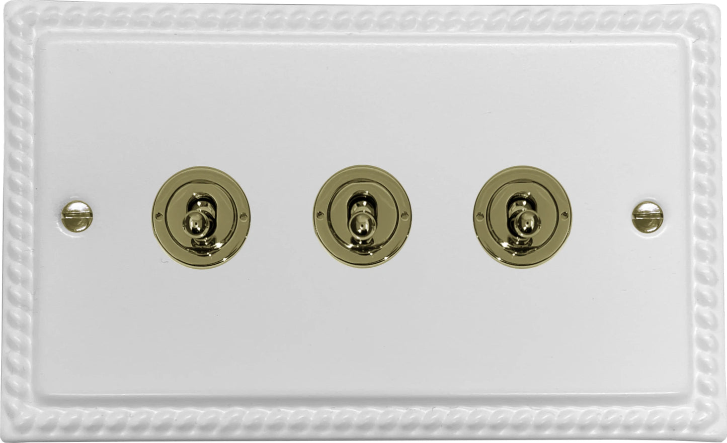 Georgian Flat White 3 Gang  Toggle Switch (Polished Brass Toggle)
