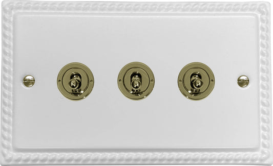 Georgian Flat White 3 Gang  Toggle Switch (Polished Brass Toggle)