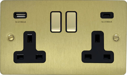 Flat Satin Brass 2 Gang Socket C/W USBC Ports