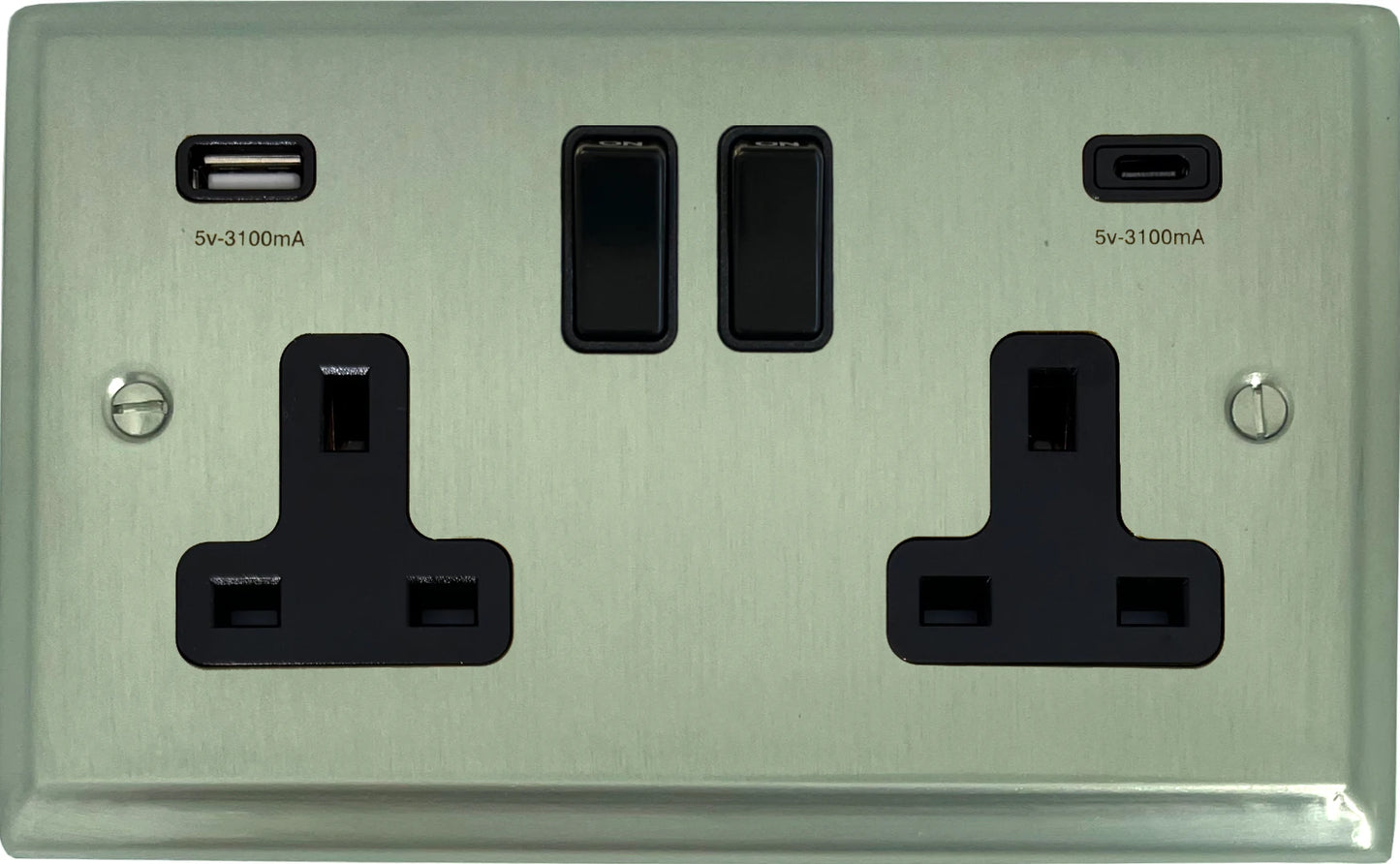 Deco  Satin Nickel 2 Gang Socket with USBC
