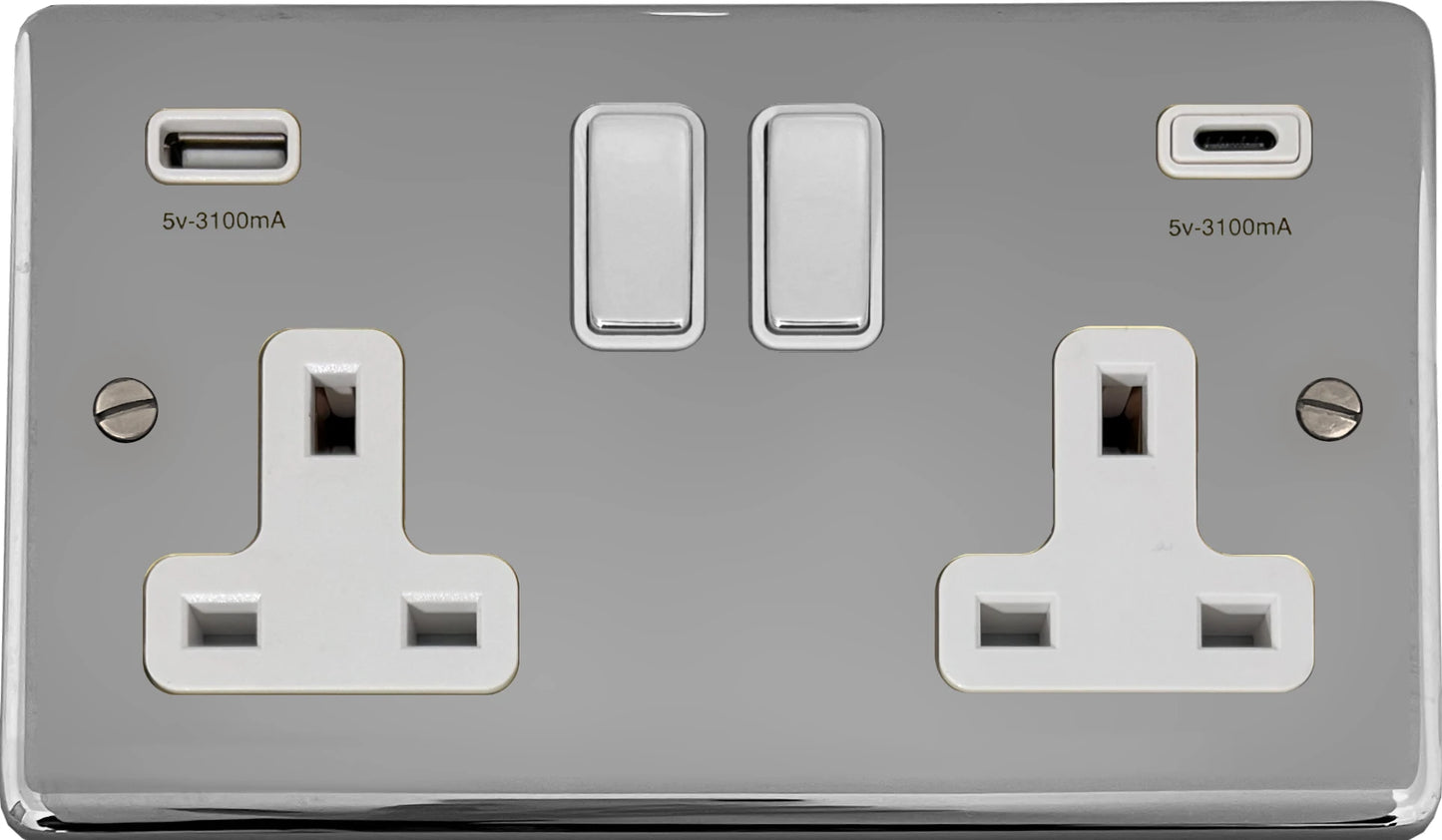 Contour Polished Chrome 2 Gang Socket + USBC