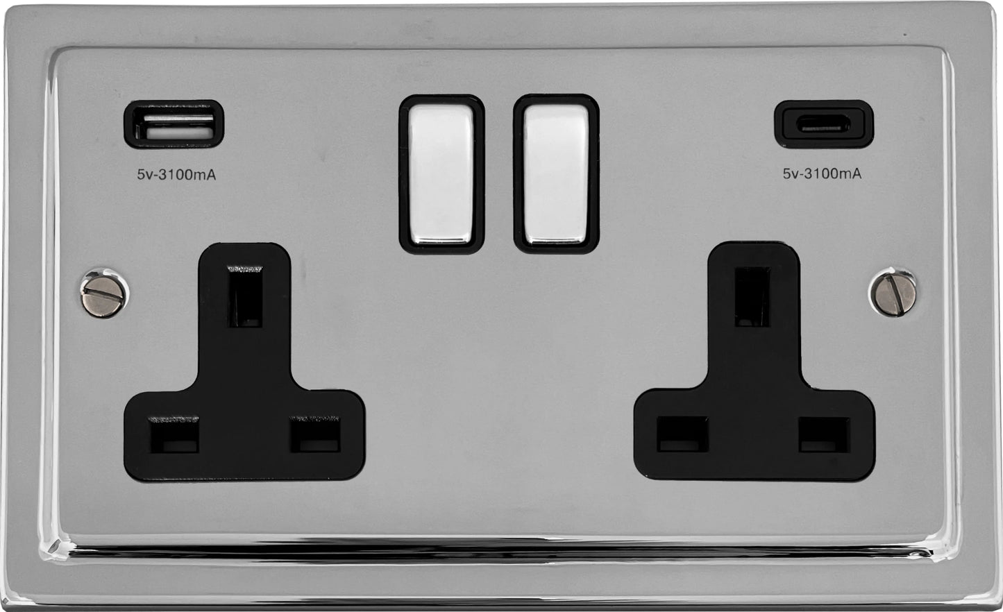 Trimline Polished Chrome 2 Gang Socket C/W USBC Ports