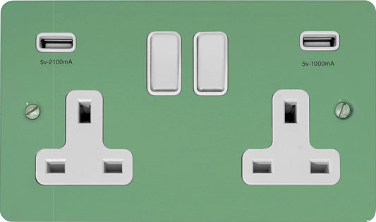 Flat Sage Green 2 Gang Socket with USB (White Switches)
