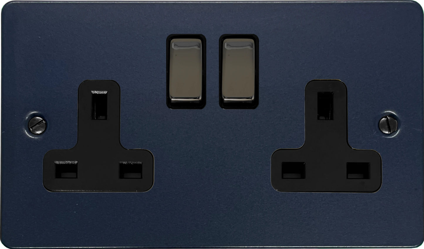 Flat Blue  2 Gang Socket (Black Nickel Switches/Black Inserts)
