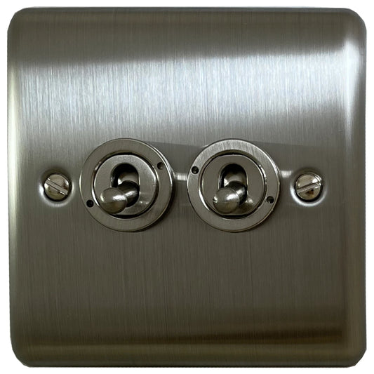 Basics Brushed Steel 2 Gang Toggle Light Switch