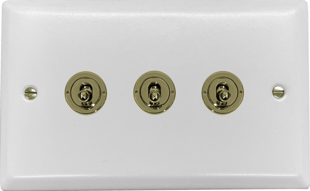 Spectrum Flat White 3 Gang Toggle (Polished Brass Toggle)