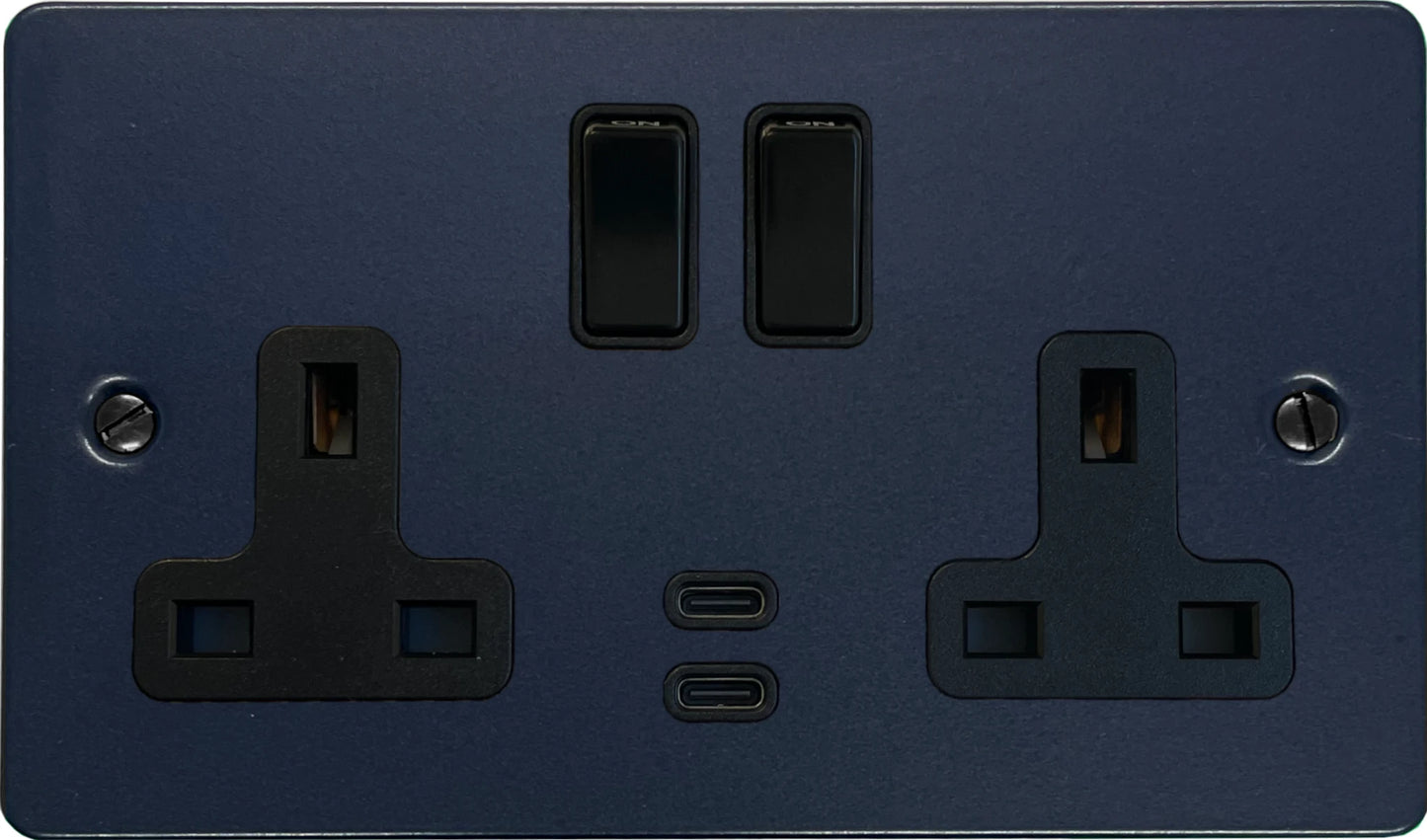 Flat Blue 2 Gang Socket with USBC (Black Switches)