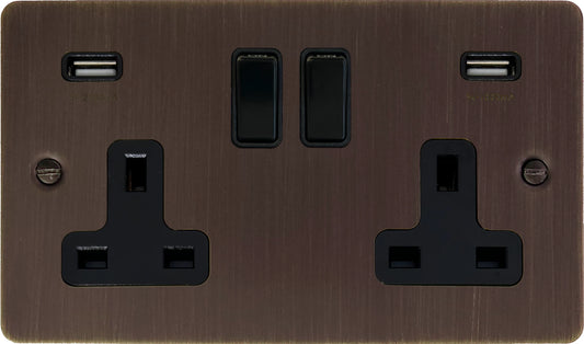 Flat Antique Copper  2 Gang Socket with USB