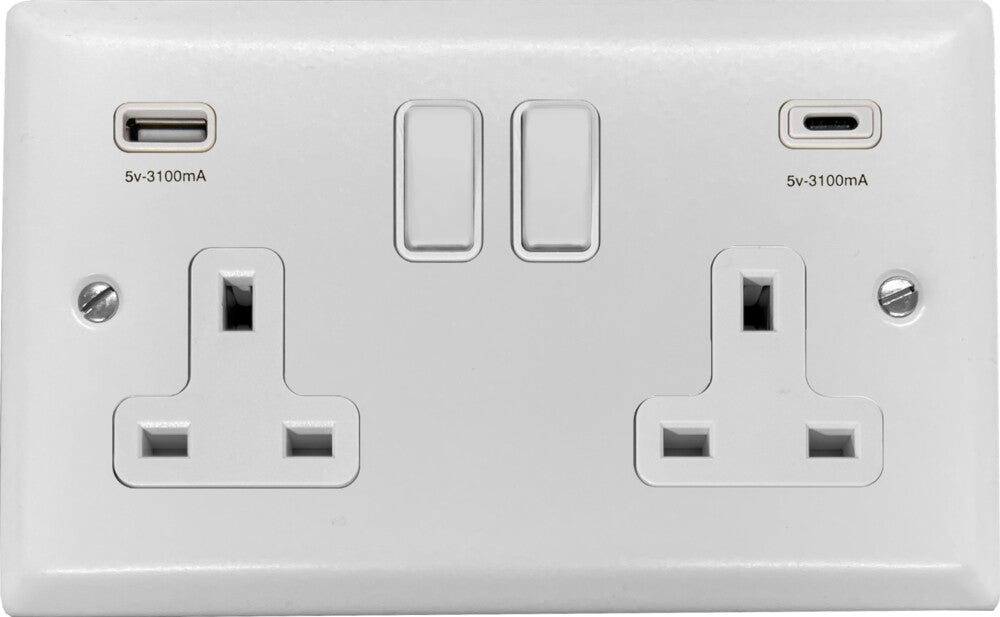 Spectrum Flat White 2 Gang Socket C/W USBC Ports