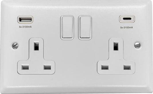 Spectrum Flat White 2 Gang Socket C/W USBC Ports