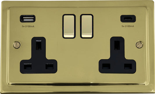 Victorian Polished Brass 2 Gang Socket C/W USBC Port