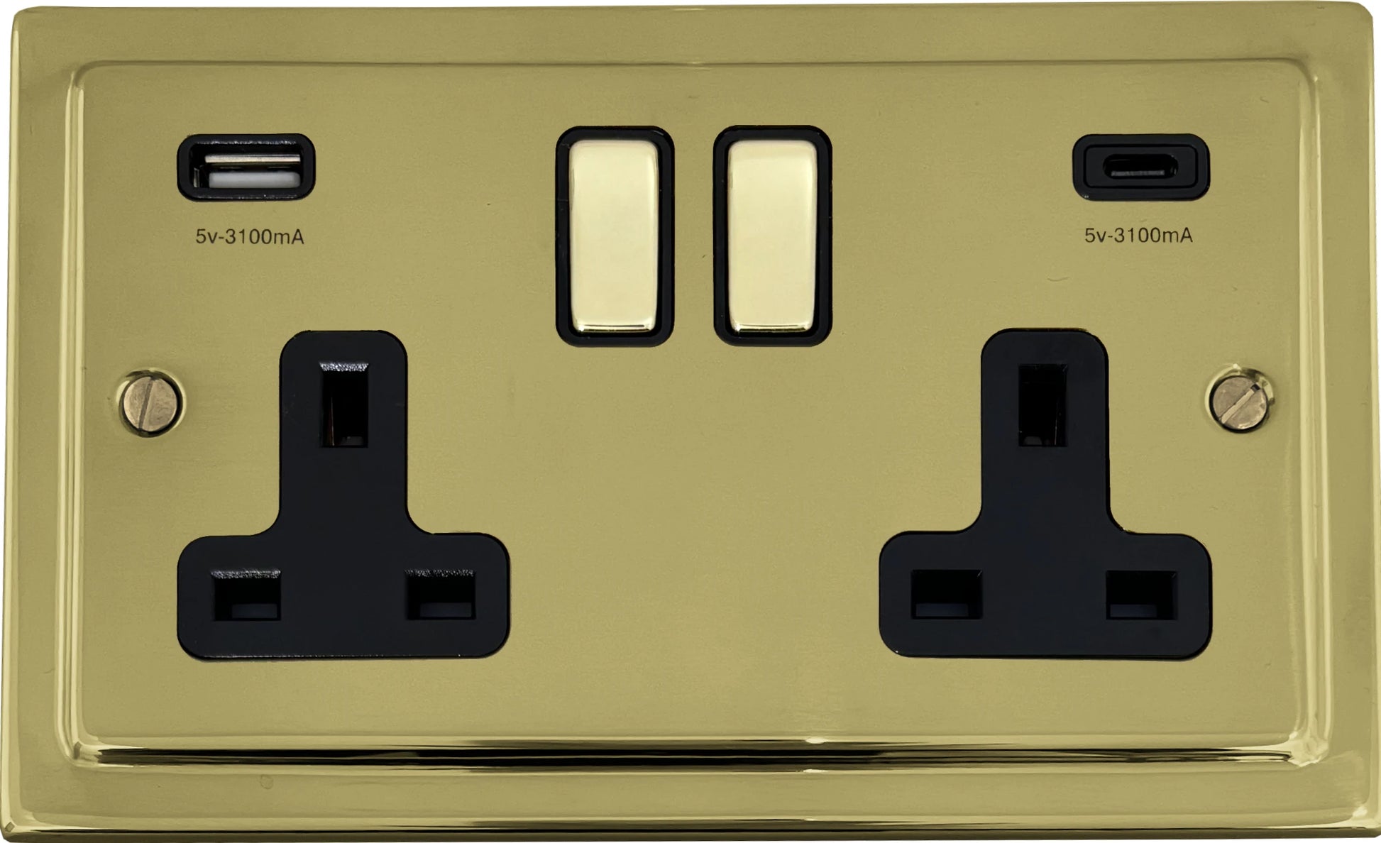 Victorian Unlacquered Brass 2 Gang Socket C/W USBC Port (Black Insert) - Victorian Cast range electrical socket