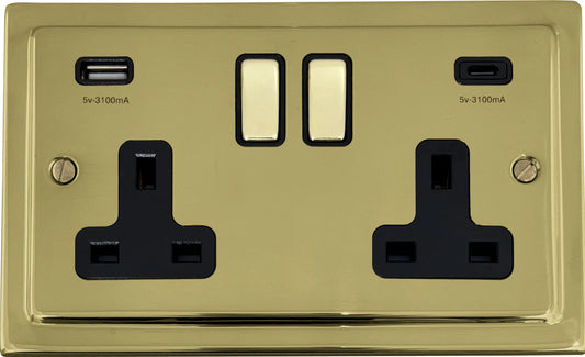 Victorian Unlacquered Brass 2 Gang Socket C/W USBC Port (Black Insert) - Victorian Cast range electrical socket