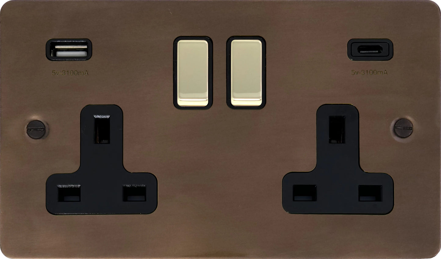 Flat Medium Bronze 2 Gang Socket C/W USBC Ports