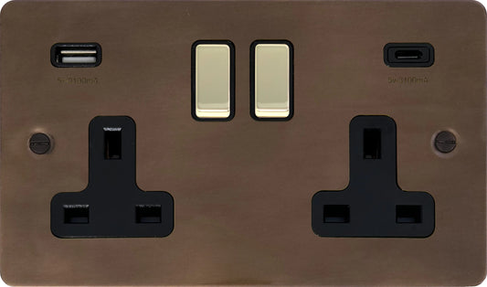 Flat Medium Bronze 2 Gang Socket C/W USBC Ports