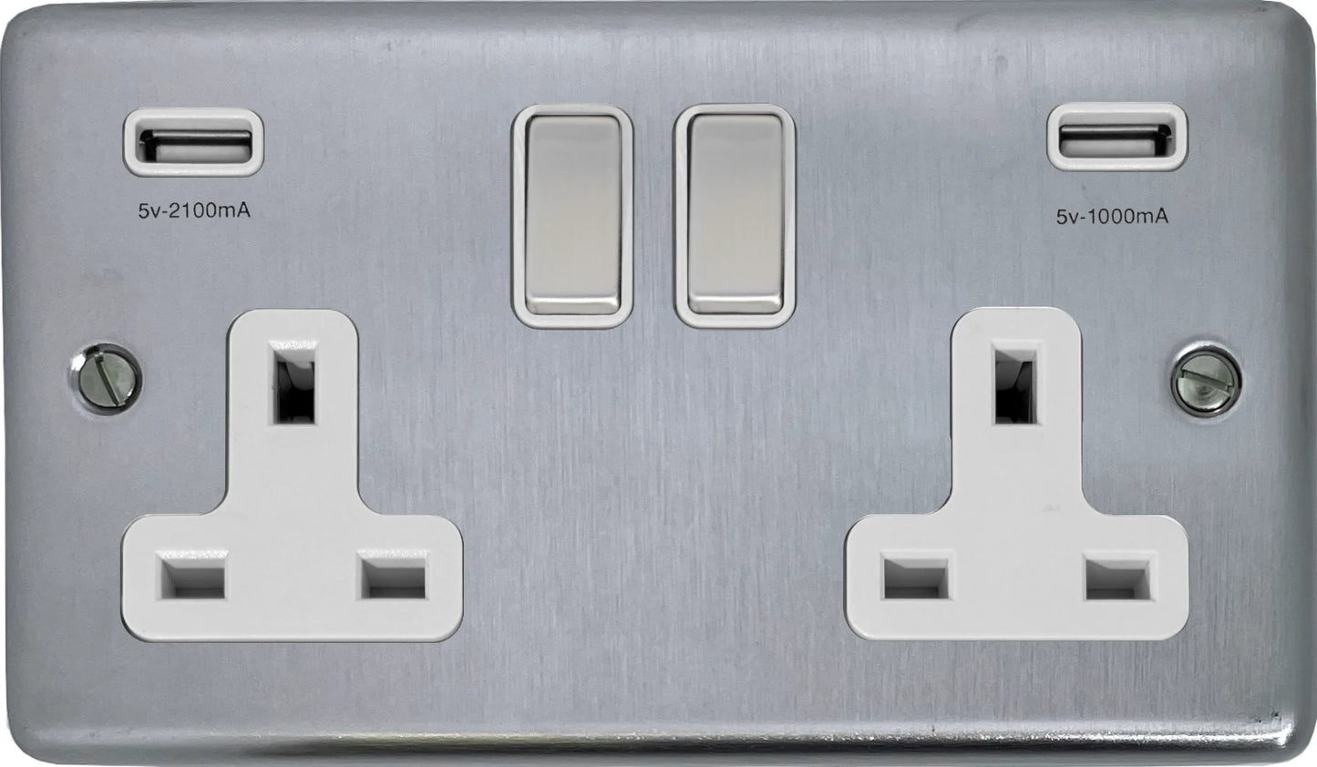 Contour Satin Chrome 2 Gang Socket C/W Usb Ports