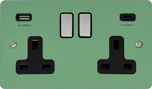 Flat Sage Green 2 Gang Socket with USBC (Satin Chrome Switch/Black Insert)