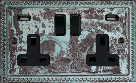 Georgian Verdigris 2 Gang Socket with USB - Georgian range electrical socket