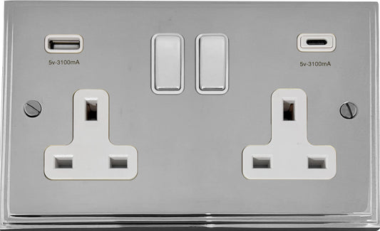 Victorian Polished Chrome  2 Gang Socket C/W USBC Ports