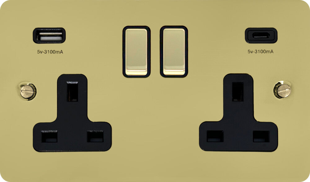 Flat Polished Brass 2 Gang Socket C/W USBC Ports