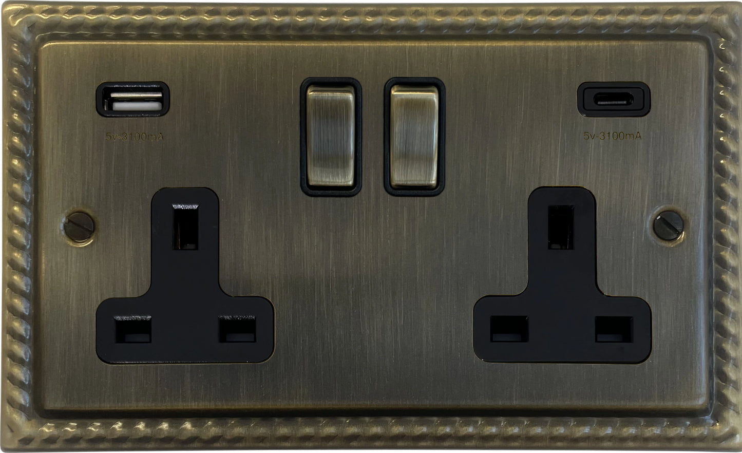 Georgian Antique Brass 2 Gang USBC Socket (Brass Switches)