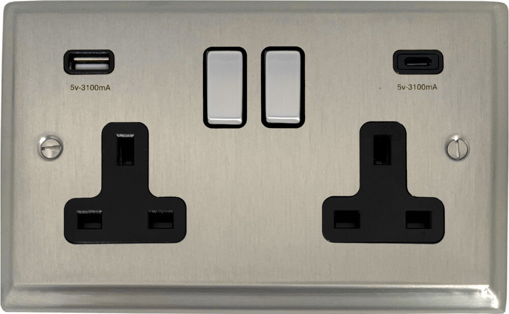 Deco Satin Nickel 2 Gang Socket C/W USBC