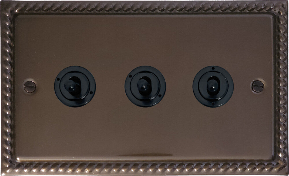 Georgian Medium Bronze 3 Gang Toggle (Flat Black Toggle)