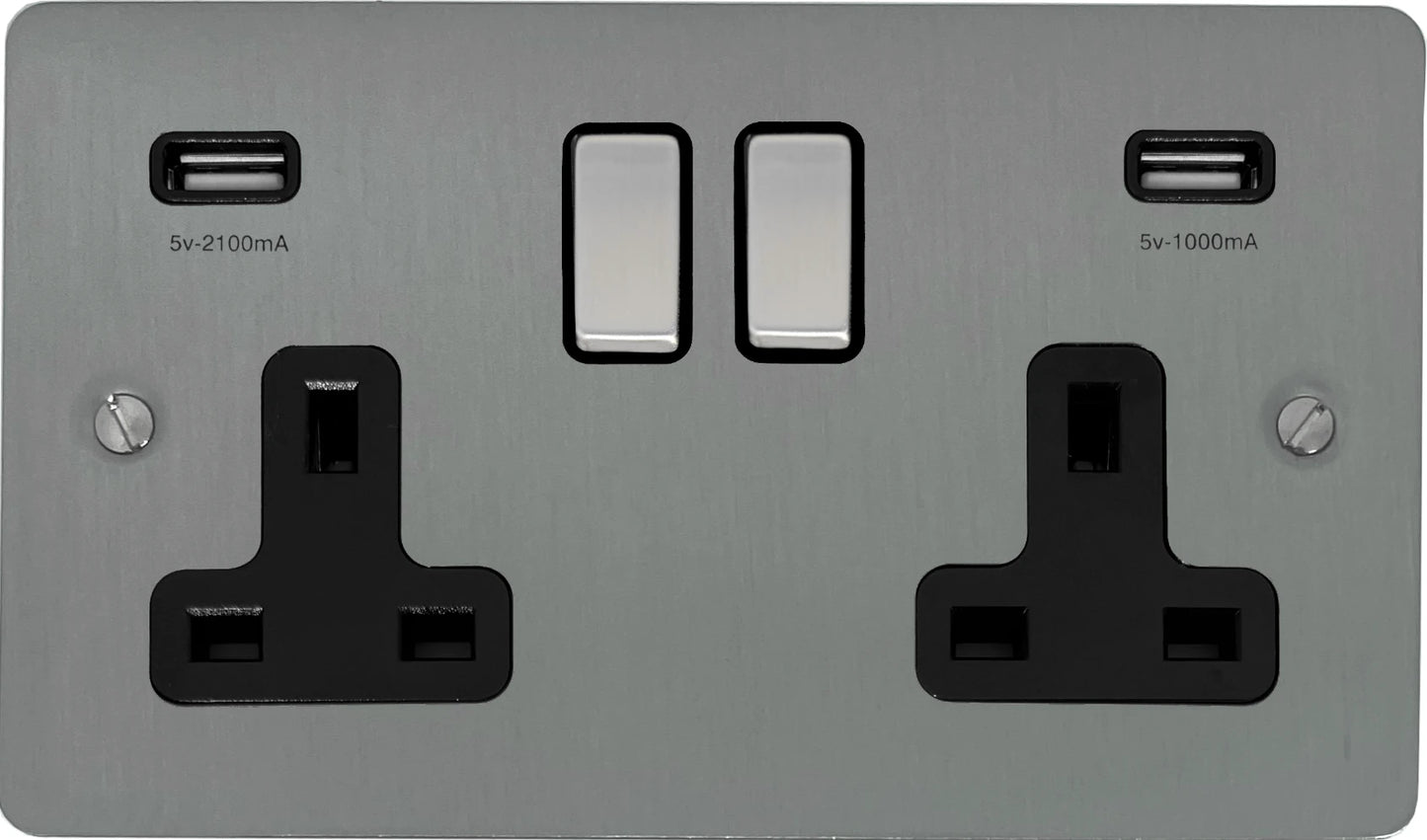 Flat Brushed Steel 2 Gang Usb Double Socket